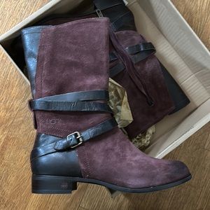 NEW UGG DEANNA RIBBON WOMEN BOOTS 6.5 DPBD SHOES 1001791 STRAP SUEDE BURGUNDY SF